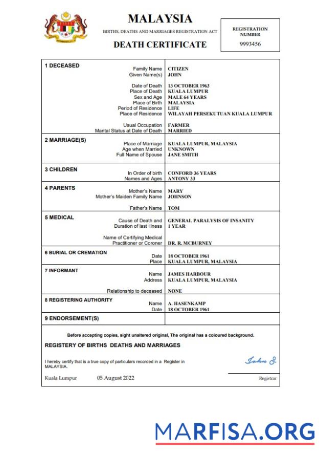 Printable Malaysia death certificate template in Word and PDF format